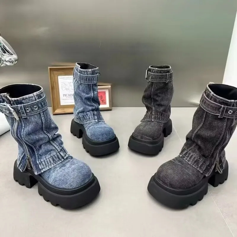 Niche Jeans Tube Boots Spring and Autumn Platform Fashion Midleg 260208