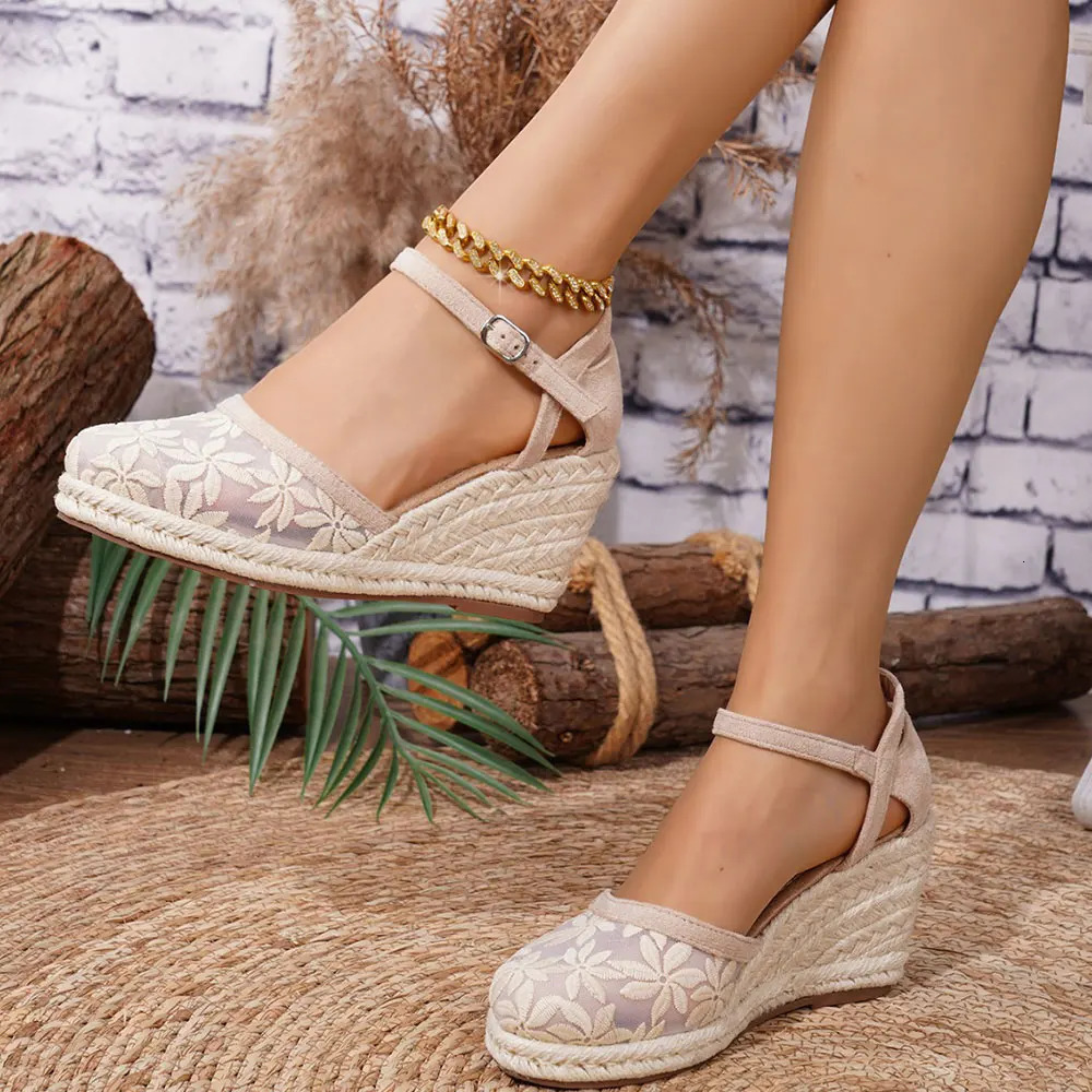 Womens Sandals Summer Breathable Lace Fashion Ankle Strap Platform Wedges High Heeled Sandal Sandalias De Mujer 260208