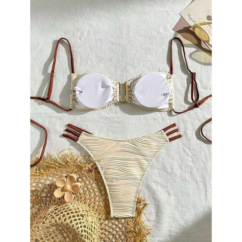 XS - L Wrinkled U Rings Bandeau Women Swimwear Female Swimsuit Two-pieces Bikini Set Bather Bathing Suit Swim Beachwear C260207