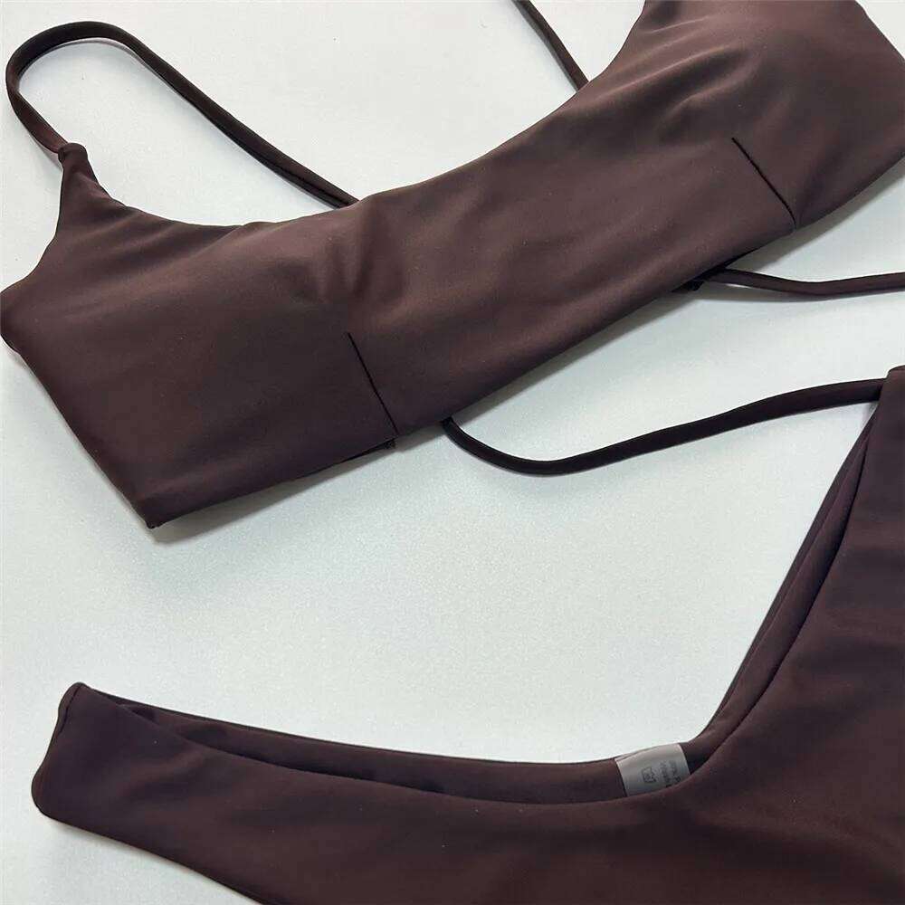 Brown Bandeau Micro Bikini Set Back String Lace-up Sexy Swimsuit Solid Swimwears Woman 2026 High Cut Bathing Suit Bikinis Femmes C260207