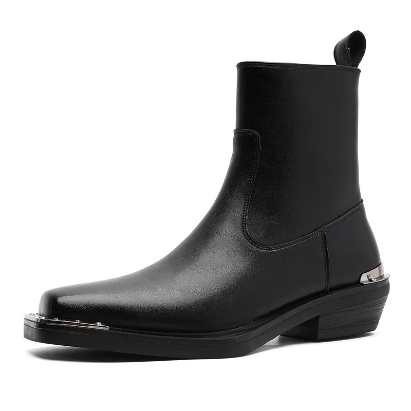 men fashion punk rock genuine leather boots square toe shoes cowboy cool high boot black brown long chelsea botas male 260208