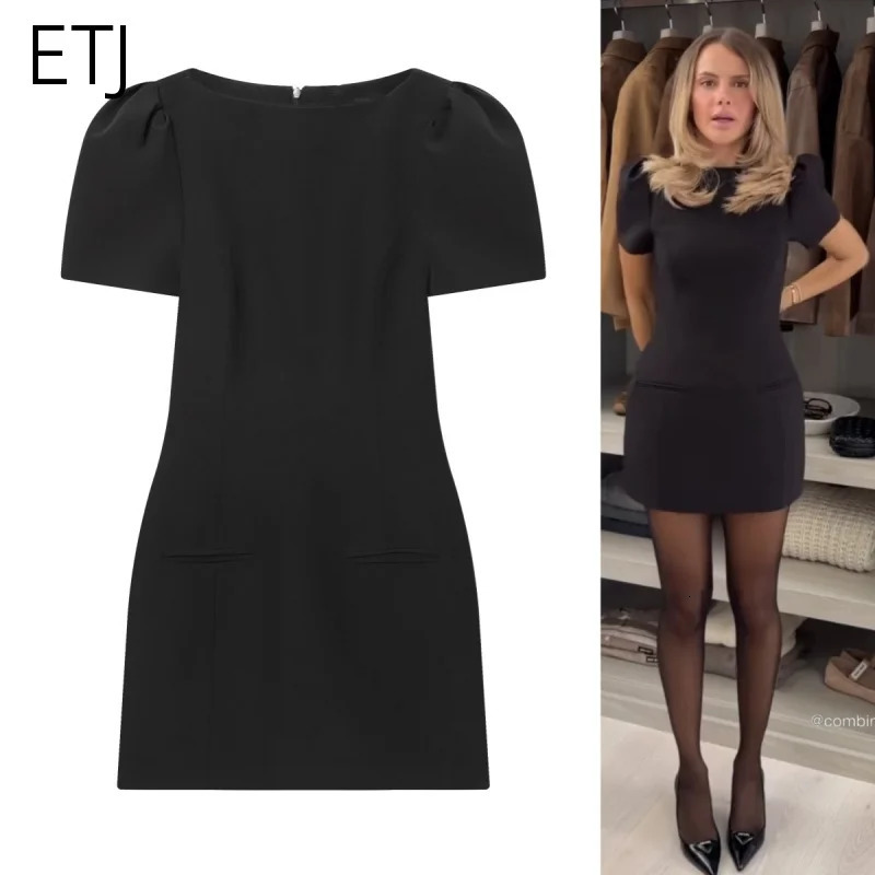 ETJ 2025 womens products are elegant and stylish Short dress with a boat neck and short sleeves with pleats black dress 260122