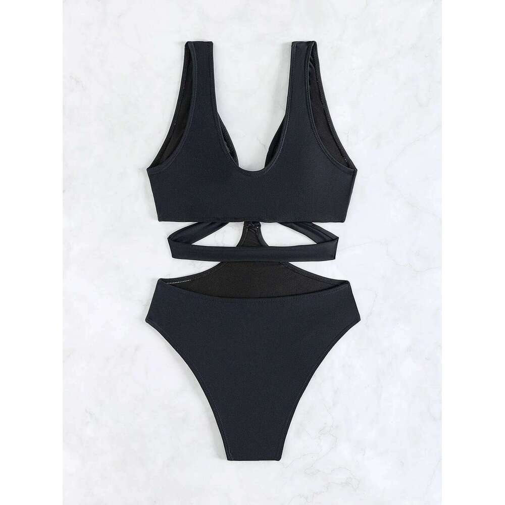 Sexy Black Knotted One Piece Swimsuit for Women Cross Back Hollow Out Bathing Suit 2023 Summer Beach High Cut Monokini Swimwear C260207