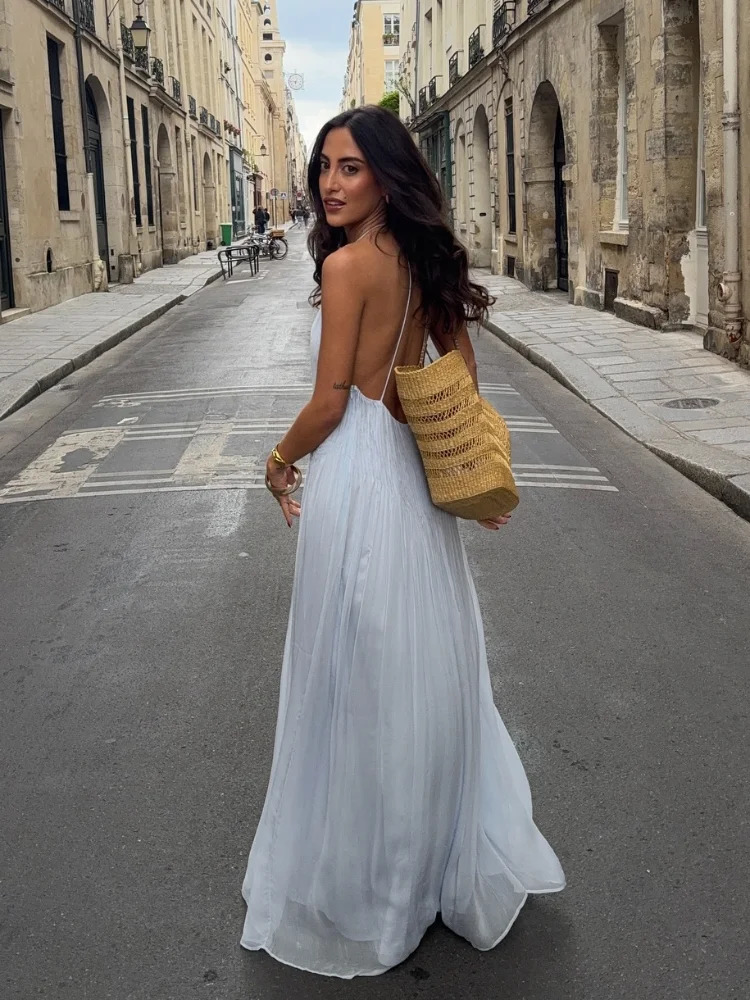 Light Blue Pleated Sling Long Dresses Women Sexy Backless Sleeveless A Line Robes Elegant Female Evening Party Club Gowns 260127