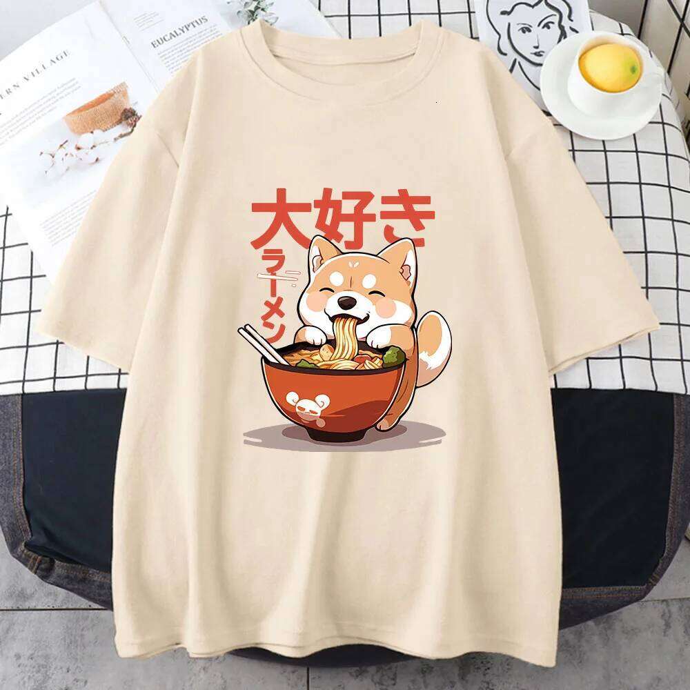 Shiba Inu Enjoying Ramen T-shirts 100% Cotton High Quality Summer Tee-shirt Casual Women/Men Kawaii Tshirt Cute Girls Shirts C260207