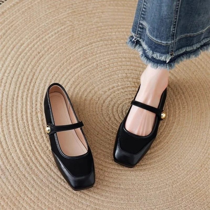 Womens Autumn/Winter Mary Jane Flats - Patchwork Square Toe Single Strap Shallow Cut Flats Elegant Versatile Flat Sole Shoes 260123