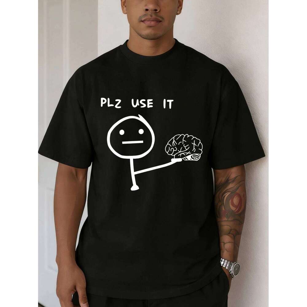 Men's Oversized Funny Graphic T Shirt - PLZ USE IT Brain Printed Short Sleeve Casual Daily Wear Cotton Tee for Men C260207