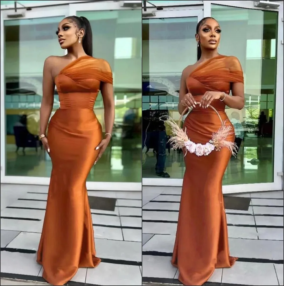 2026 Brown Mermaid Bridesmaid Dress One Shoulder Satin Elegant Evening Prom Formal Party Prom Gowns Dresses ZJ067