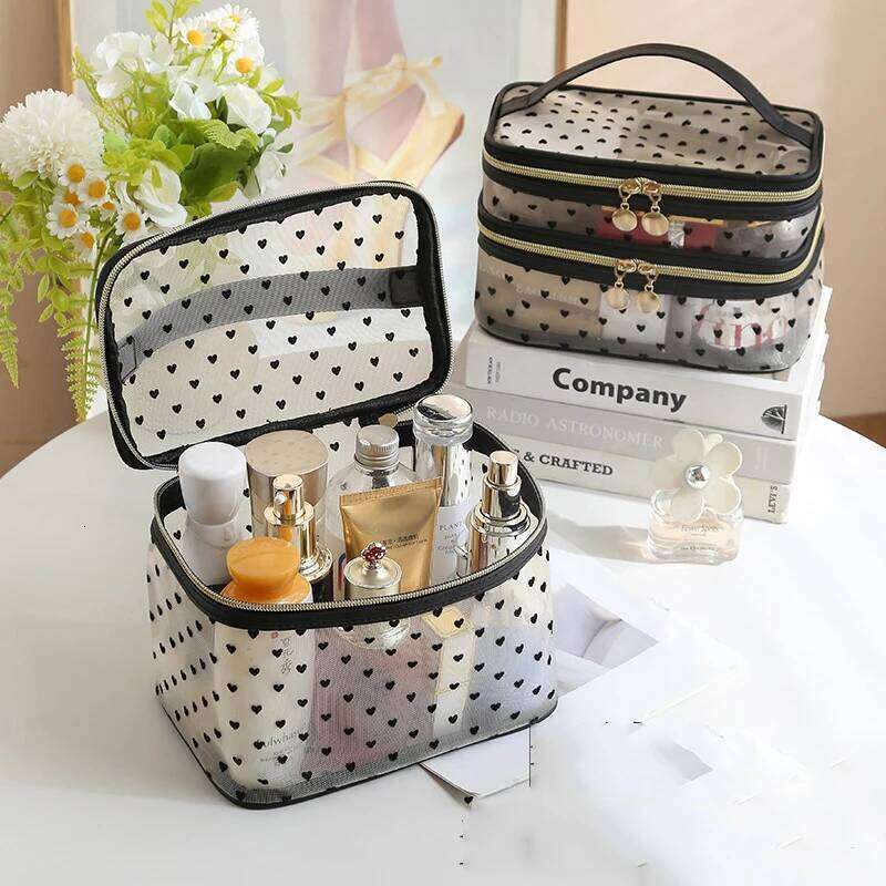 Double-layers Black Mesh Cosmetic Bag Travel Portable Large-Capacity Makeup Case Organizer Storage Pouch Zipper Toiletry Bags Y260206