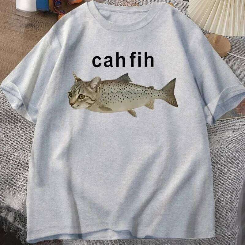 Cah T-Shirt Fih Funny Mispelled Meme T Shirt Cat and Fish Humor Tshirt Casual Short Sleeve Clothes Graphic Y2K C260207