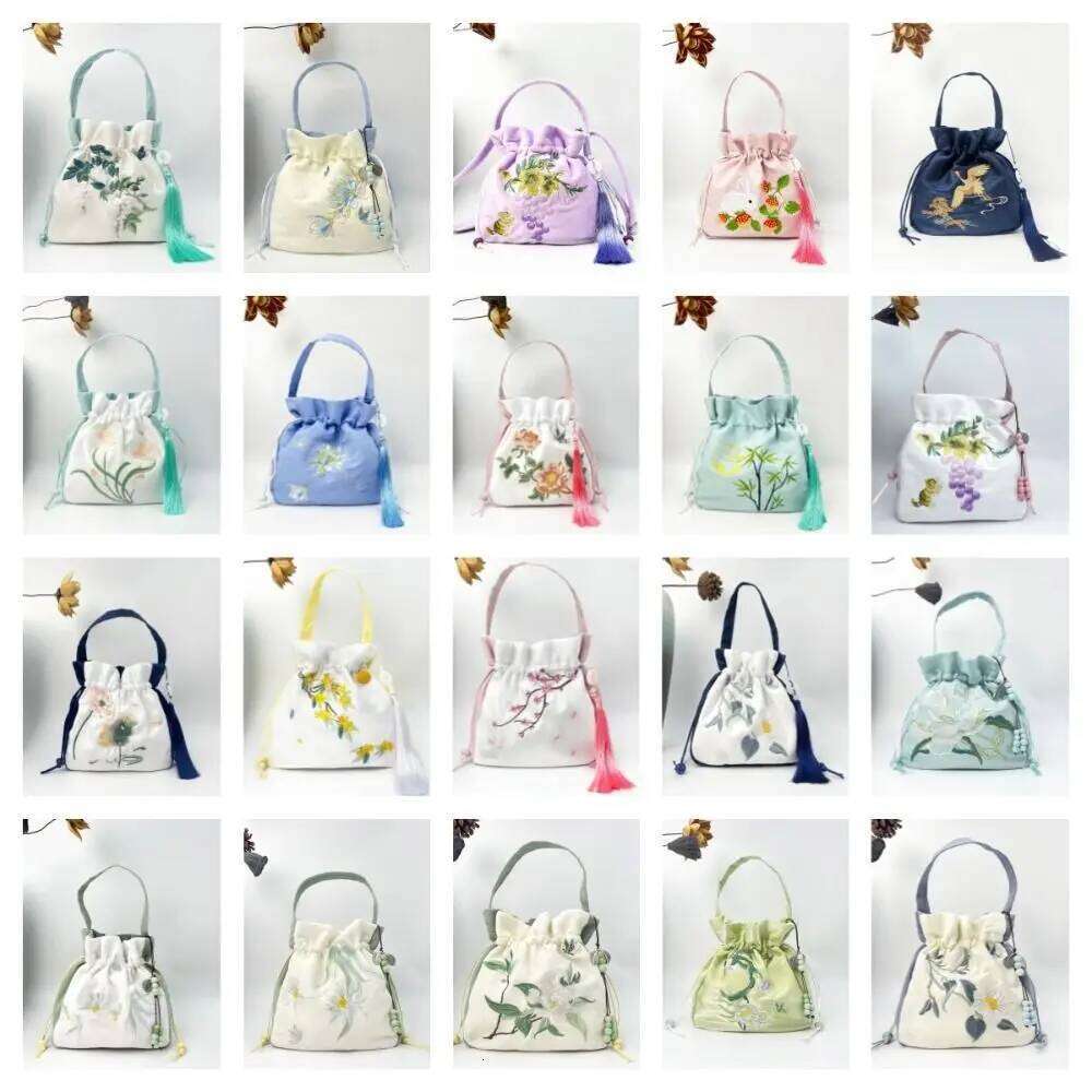 Ethnic Embroidery Drawstring Silk Satin Flower Bucket Bag Chinese Handbag Ancient Style Hanfu Accessories