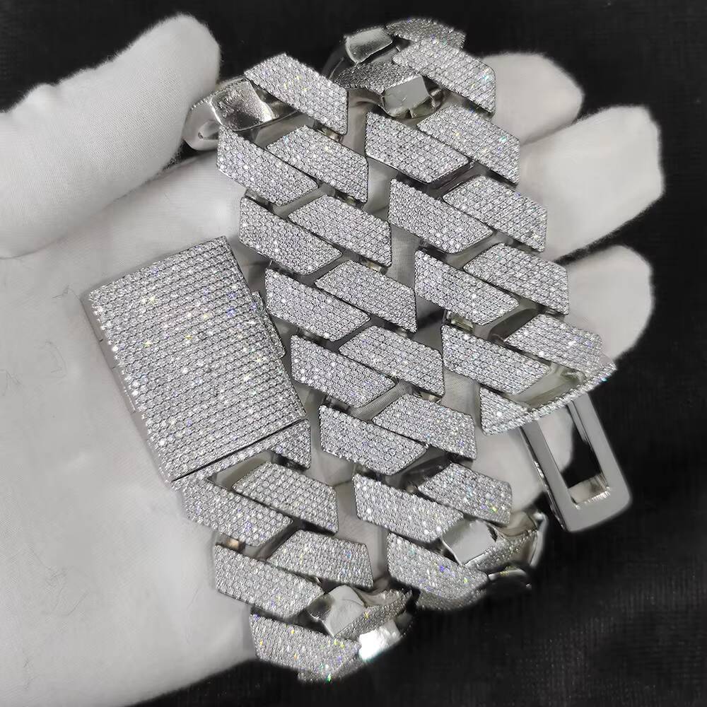 Fine Jewelry 24mm silver Iced Prong Cuban Link Chain Gold/Silver Plated vvs moissanite Womens Hip Hop Wedding Party Engagement