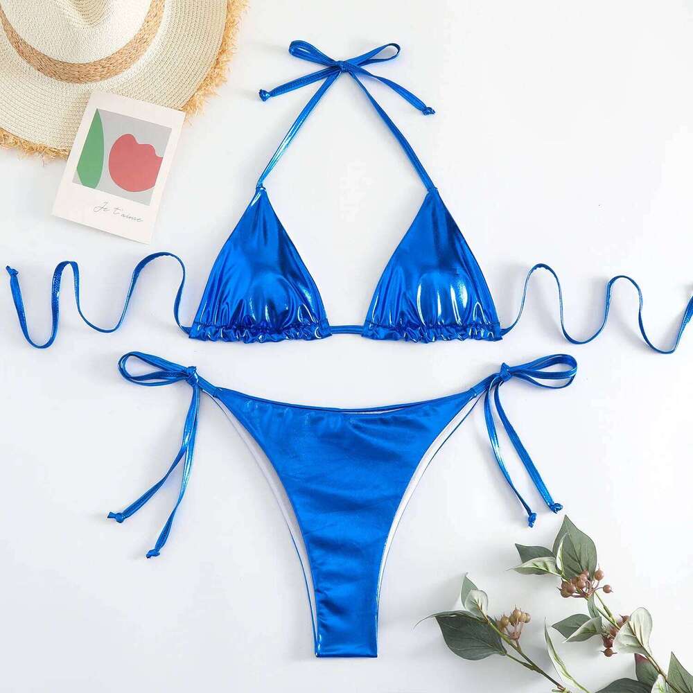sexy metallic string halter micro mini bikini sets two pieces 2024 women thong swimsuit female bathing suit swimwear biquini C260207