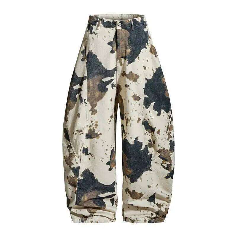 IEFB Niche Design Men's Casual Pants Cow Pattern Camouflage Contrast Color Loose All-match Male Curved Knife Trousers 9X1351
