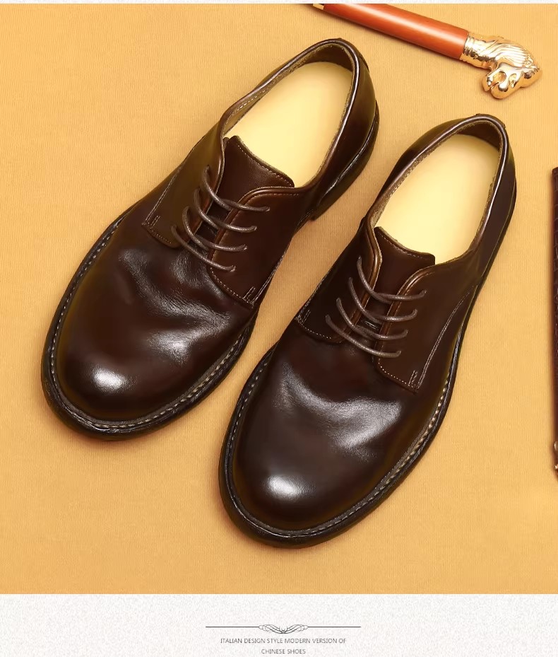 Men's Formal Business Shoes British Style New Large Head Top Layer Cowhide Genuine Leather Goodyear Welt Handmade Derby Shoes