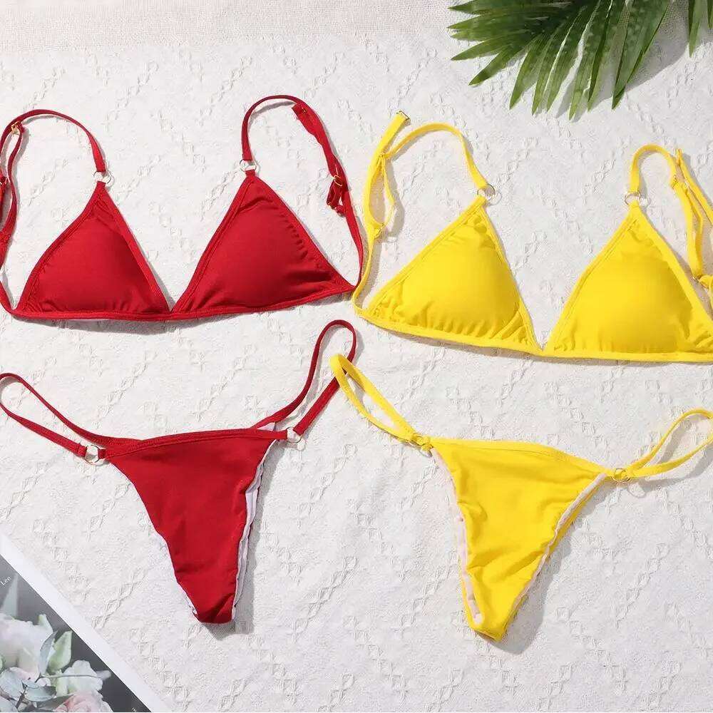 New Ladies Sexy Solid Color Sling Backless Bikini Set Metal Decorated Brazilian Beach Vacation Split Swimwear C260207
