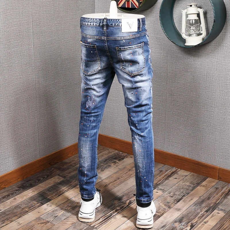 Fashion Streetwear Men Jeans Retro Blue Elastic Slim Fit Ripped Jeans Men Painted Elastic Hip Hop Denim Pencil Pants 260122