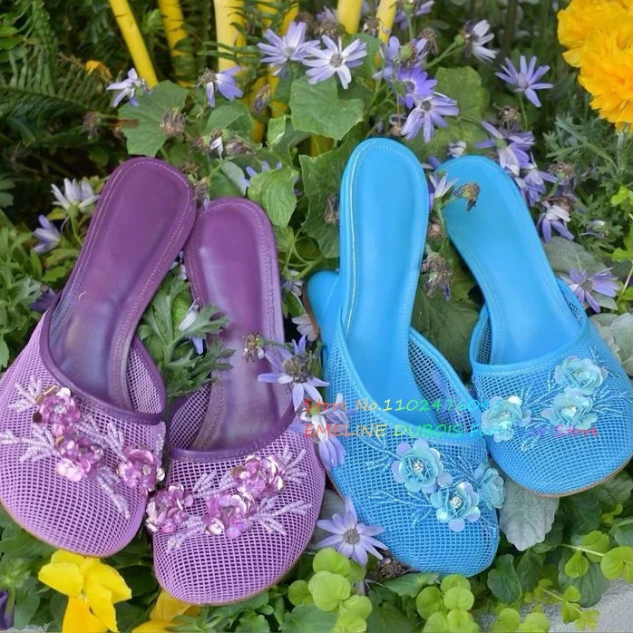 Pink Mesh Sequin Slide Beaded Chinese Slipper Floral Embellished Wedge Heel Slip On Holloe High Summer Pumps 260208
