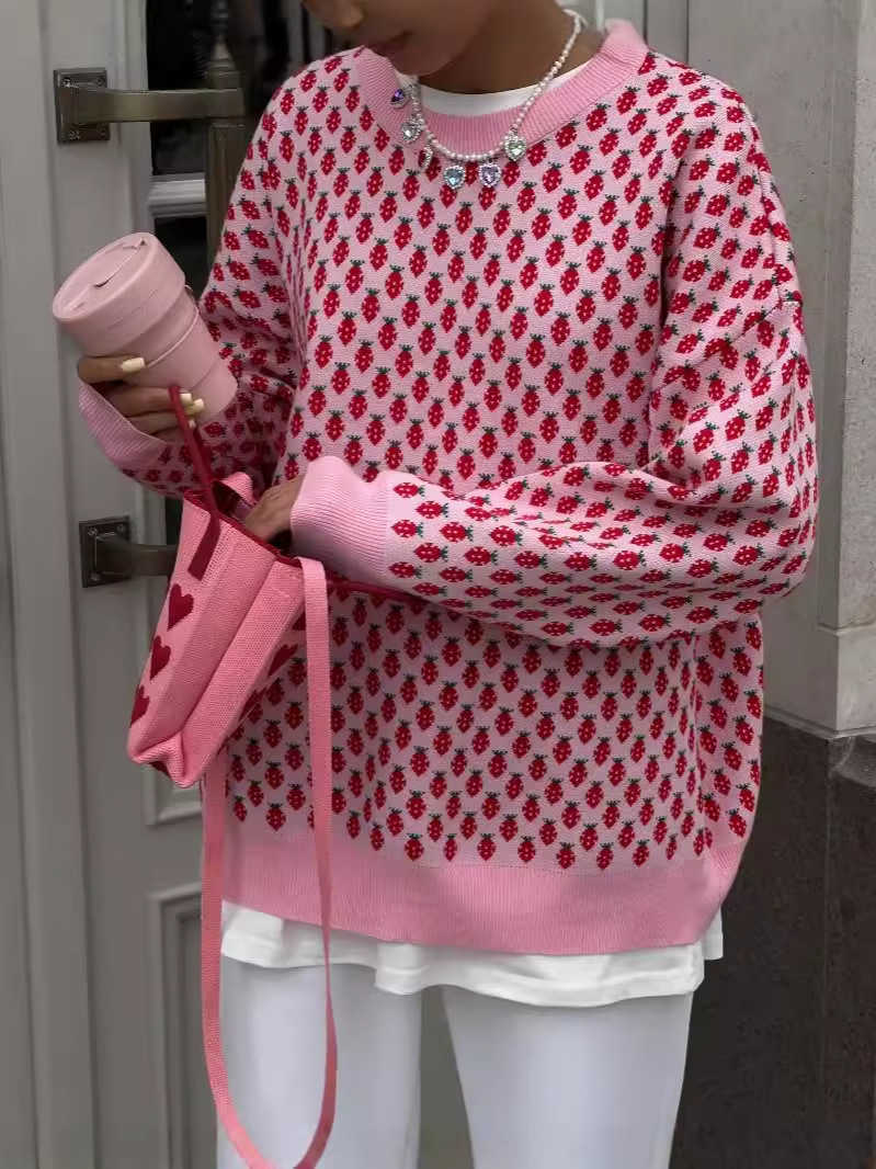 Pink Crew Neck Sweater for Women Autumn/Winter Knitwear Berry Jacquard Pattern Cute Waffle Weave Long Sleeve Knitted Top for Women