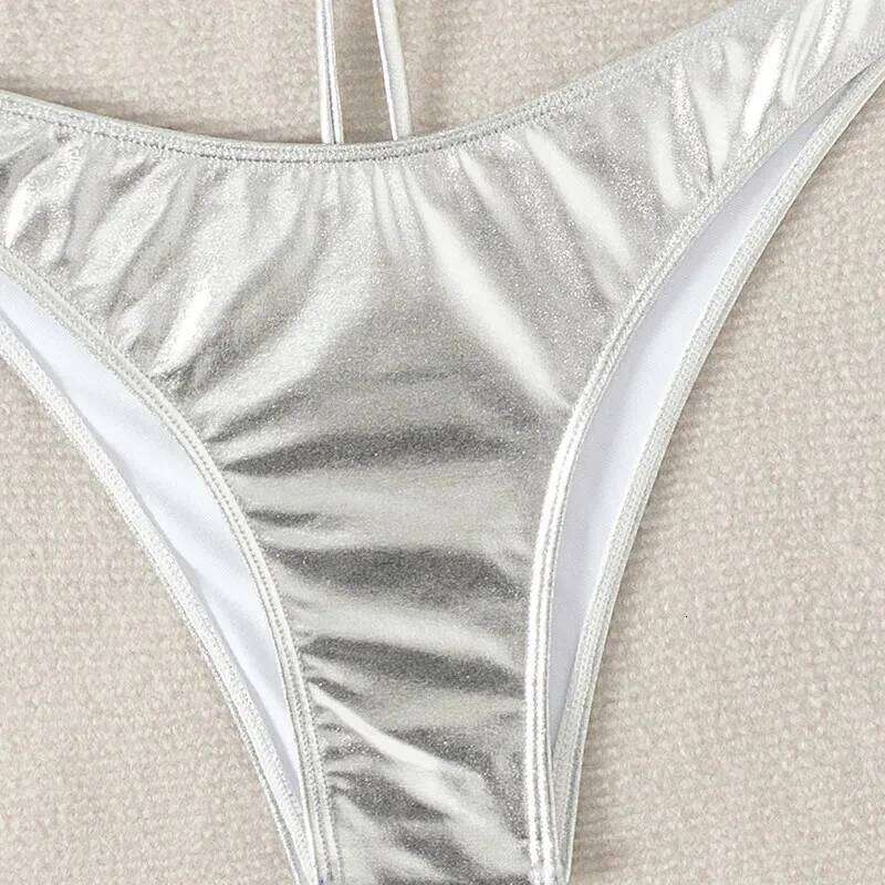 Silver Backless Swimwear Triangle Bikinis Sets Woman 2026 Sexy Swimsuit Summer High Leg Cut Bathing Suit Rhinestone Bikini Dames C260207