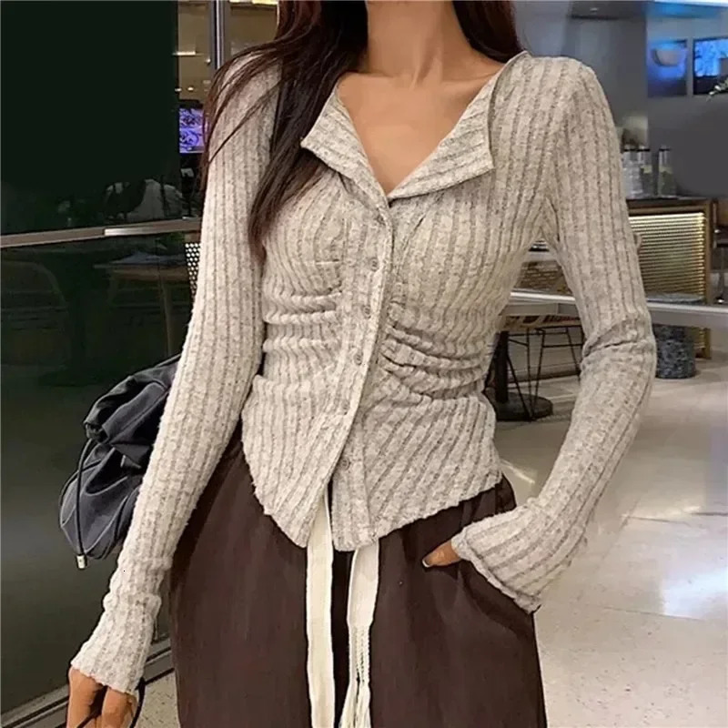 Korean Knit Cardigan Women Y2k Clothes V Lapel Long Sleeve Knitted Jumper Collar Sweater Coat Vintage Slim Cardigan 260122
