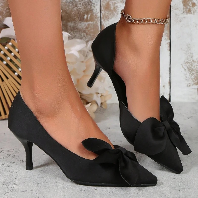 Women High Heels Shoes Pointy Shallow Mouth Bow with Shoes Spring Autumn 2024 Fashion Sexy Banquet High Heels Shoes for Women 260202