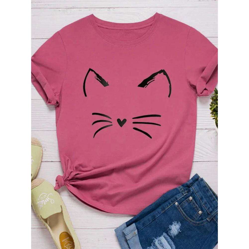 Cat Face Print T Short Sleeve O Neck Loose Women Tshirt Ladies Tee Shirt Tops Clothes Camisetas Mujer C260207