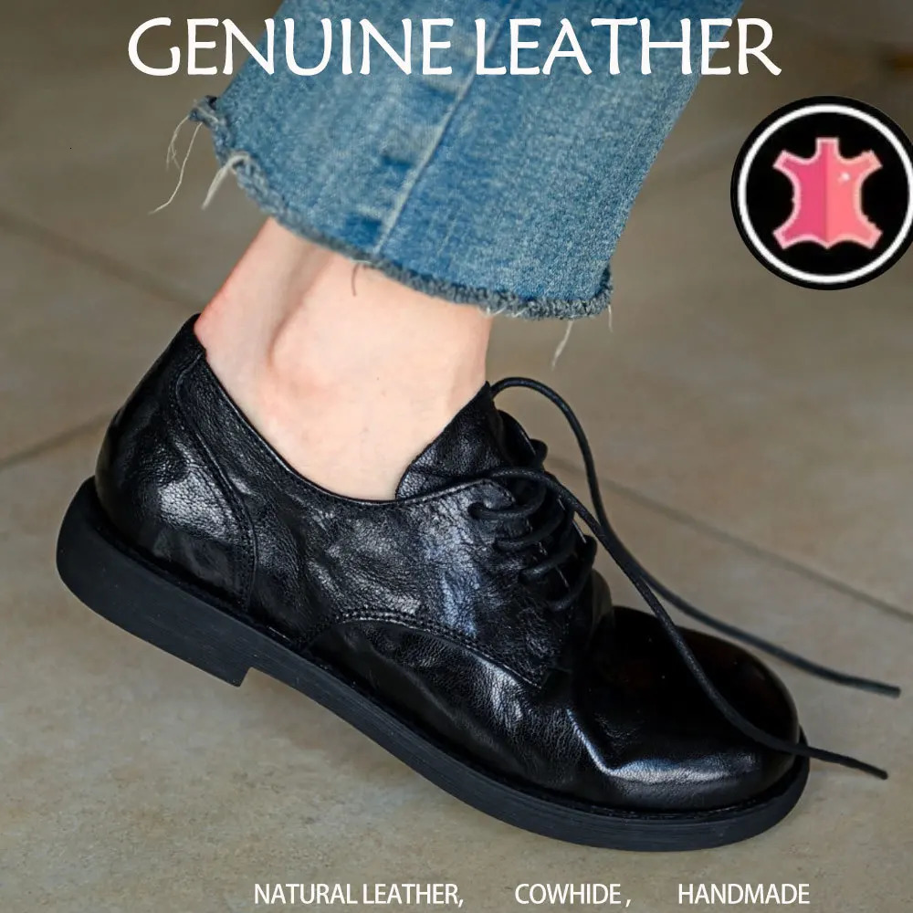 Womens Cow Leather Laceup Flats Oxfords Round Toe Retro British Style High Quality Soft Comfortable Genuine Daily Shoe 260208