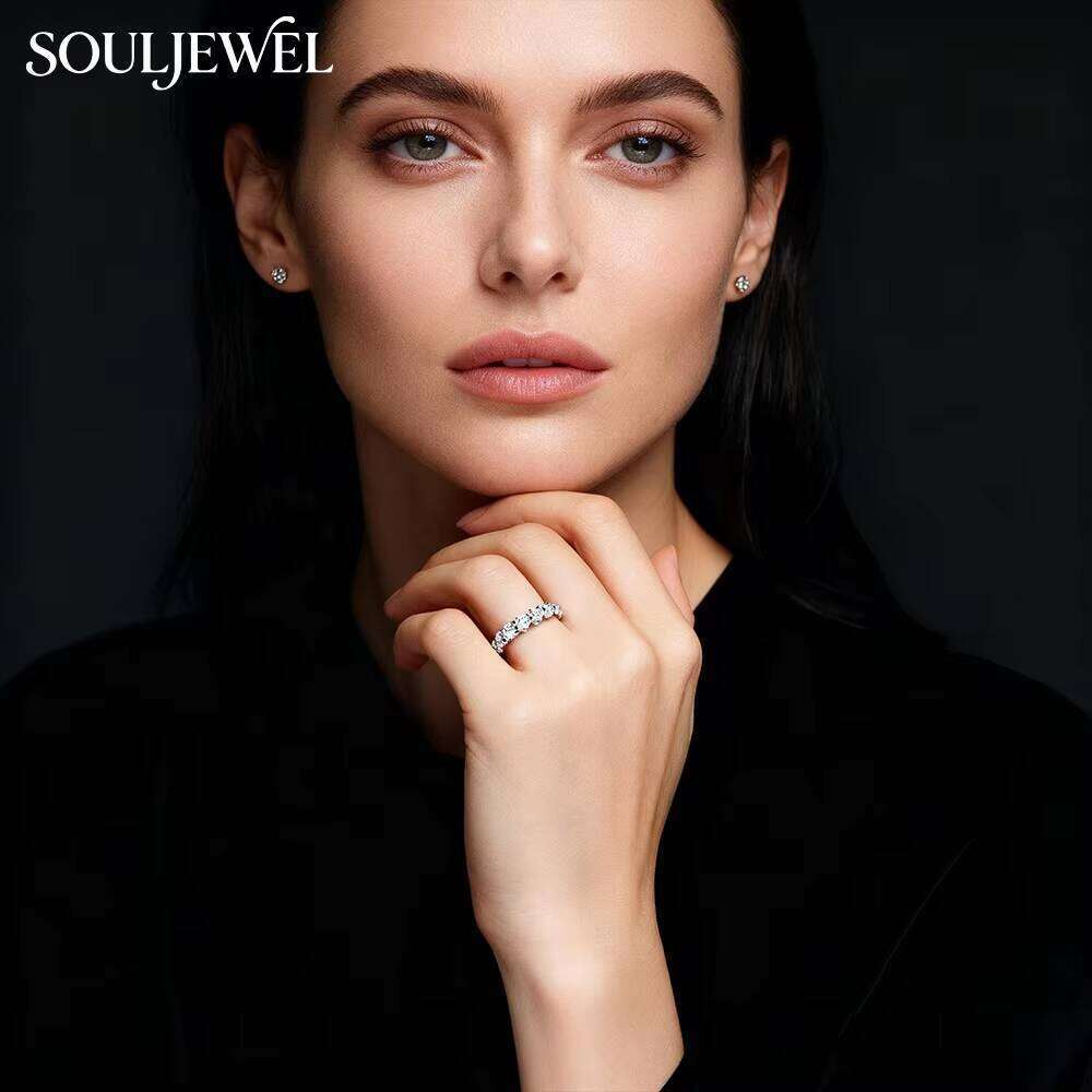 Souljewel Luxury Moissanite Eternity Wedding Ring 925 Sterling Silver Rhodium Plated Round Cut Full Circle Band Women