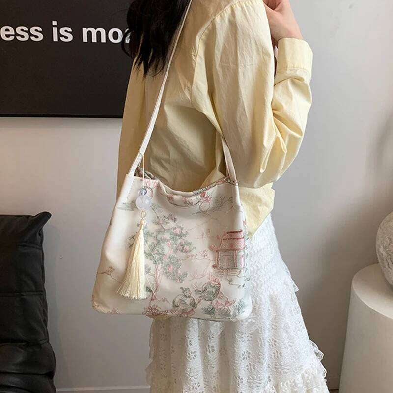 New Chinese Style Shoulder Retro Silk Tassel Bucket Bag Fashion Handbag Large Capacity Women's Casual Crossbody Bags