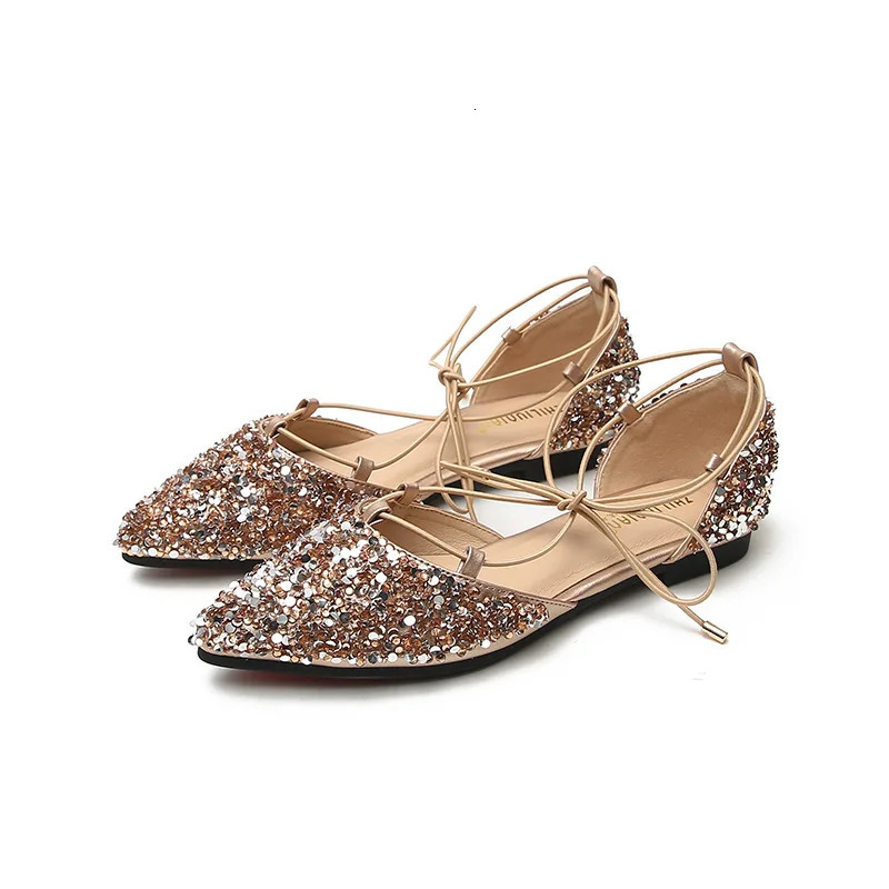 Women Rhinestone Ballet Flats Cross-Tied Lace Up Flat Shoes Woman Crystal Wedding Shoes Glitter Mules Sandals Big Size 43 260124