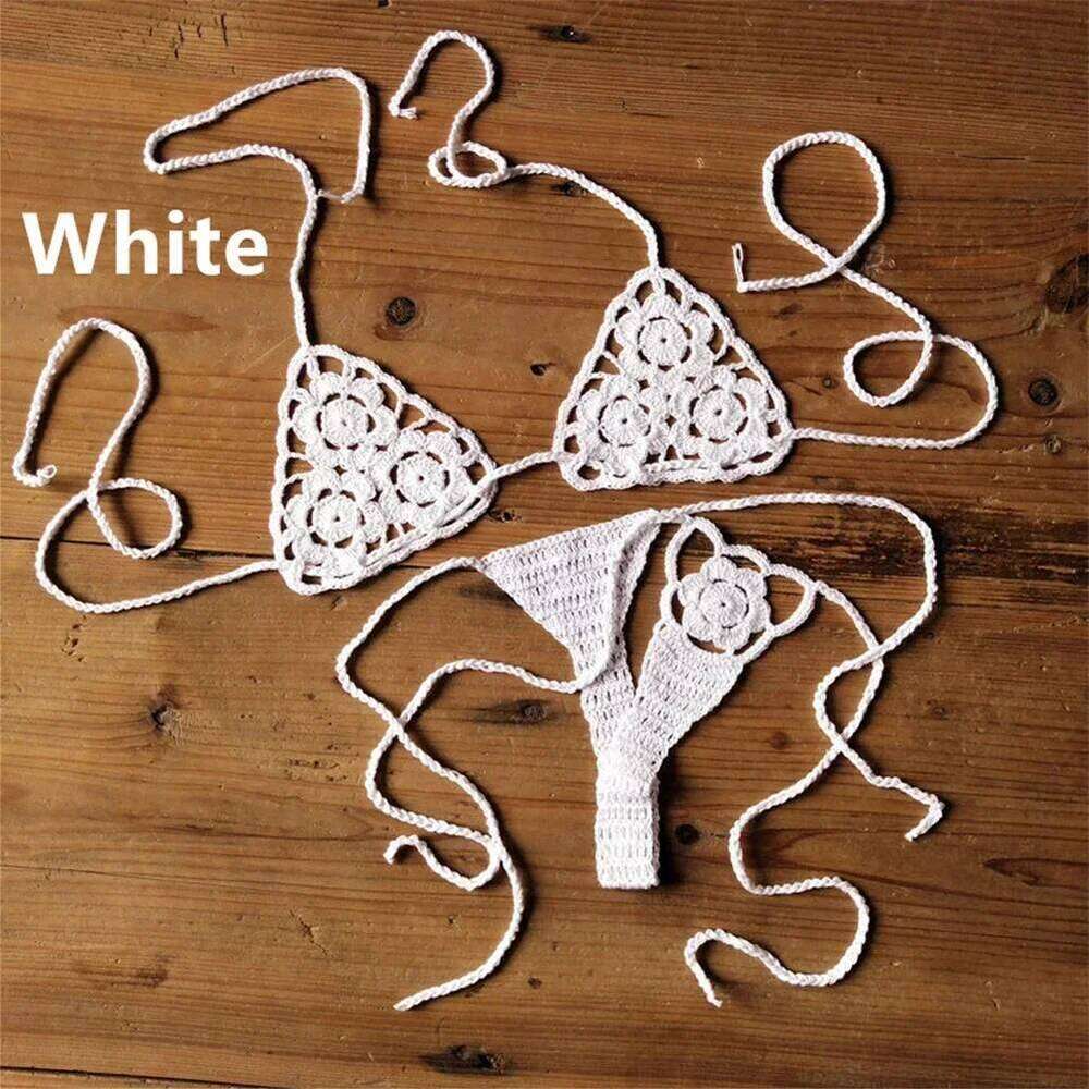 Crochet Bikini G-String Lace Up Thong Beach Swimwear Sexy Swimsuit Bra Set For Summer Swimming Party Holiday C260207