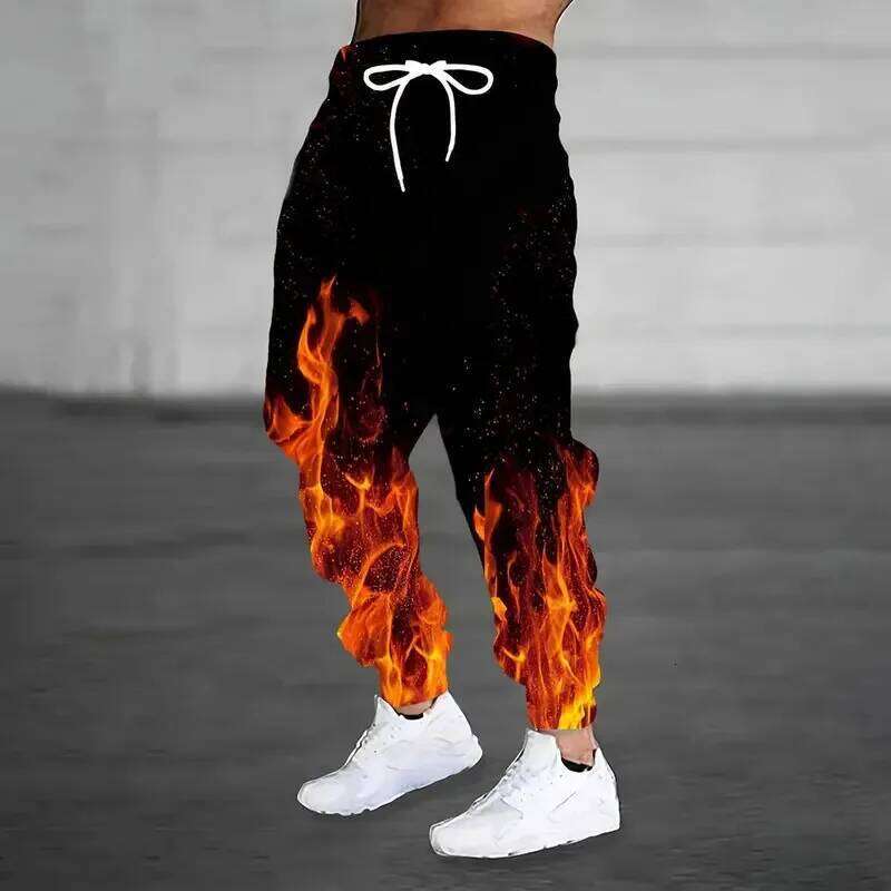Winter Thick Warm Pants 2026 New Fashion 3D Flame Print Men Large Size Loose Casual Pocket Drawstring Sweatpants