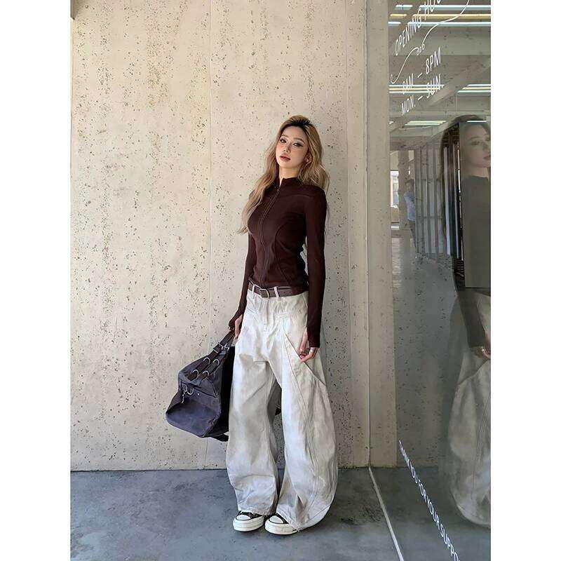 American Retro 2000s High Waist Full Length Jeans Pockets Hip-hop Baggy Cargo Pants Women Casual Y2K Grunge Street Denim Trouser