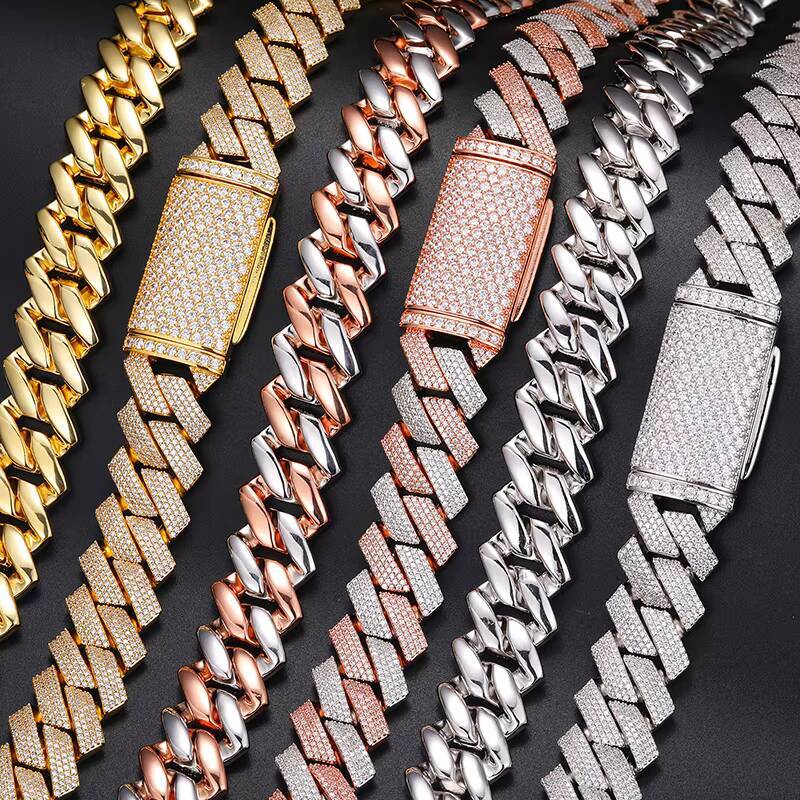 Wholesale Fashion Hip Jewelry 20mm Gold Plated silver 3 Rows vvs moissanite Diamond Iced Out Bling Miami Cuban Link Chain Necklace