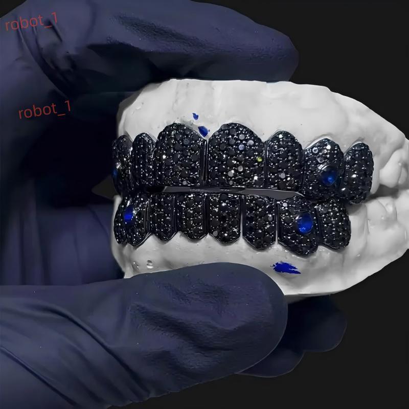 925 Sterling Silver Fully Iced Out Black Moissanite Blue Sapphire Hip Hop Grillz for Unisex