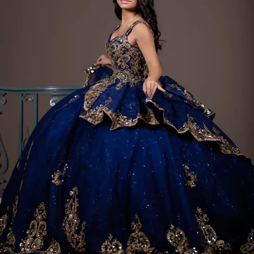 Navy Blue Shiny Quinceanera Dresses Off Shoulder Ball Gown Sweet 16 Dress Beading Gold Applique Bow Tull Birthday Party Vestidos 15 De Anos HR1811