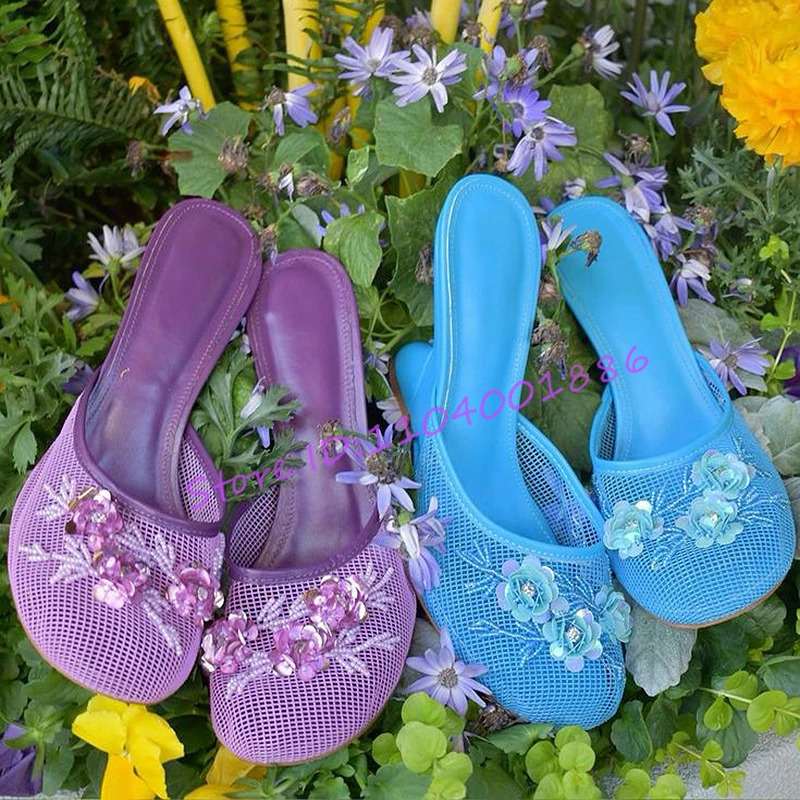 Novelty Mesh Sequin Wedges Slipper Chinese Beadwork Floral Decor Strange Heel Sandals Summer Round Toe High Heels 260208