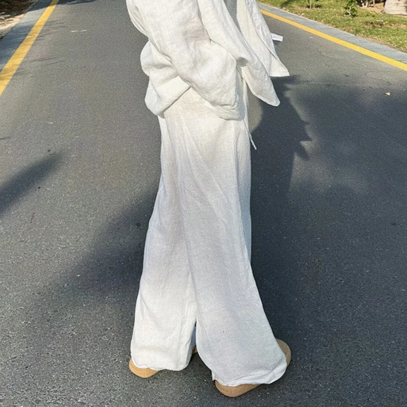 Casual Oversized White Solid Wide Leg Pants Fashion Women Elastic High Waist Pocket Baggy Sweatpant Office Lady Commute Trousers 260130
