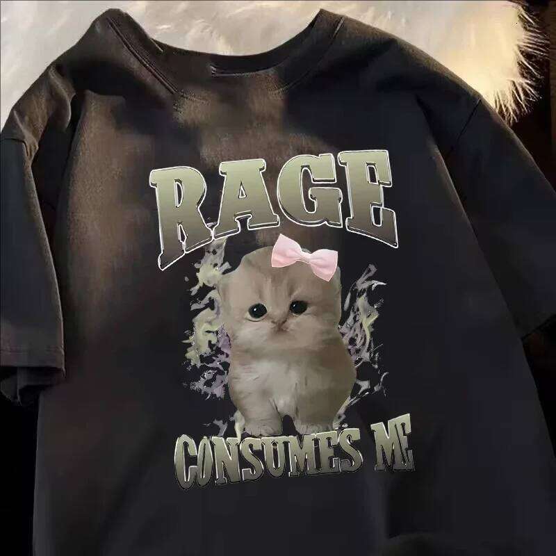 Rage Consumes Me Funny Cat Meme Printed T-shirt Women Fashion Kawaii Casual Loose T-shirts O-Neck Short Sleeve Tee Shirt Unisex C260207