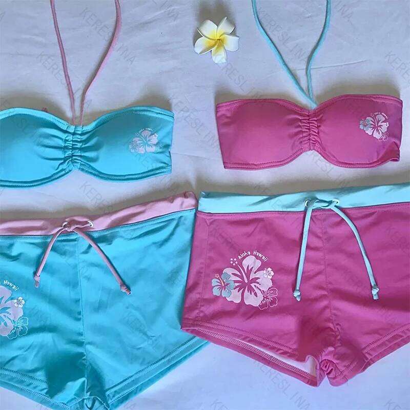 Y2k Girly style subculture Cutie summer Retro millennium hanging neck suspender Sexy beach kawaii classic comfortable bikini set C260207
