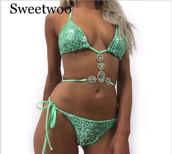 New Ornaments Swimwear Women Sequins Diamond Bikini set Bathing Suit Sexy Push up Stones Straps Swimsuit Monokini C260207