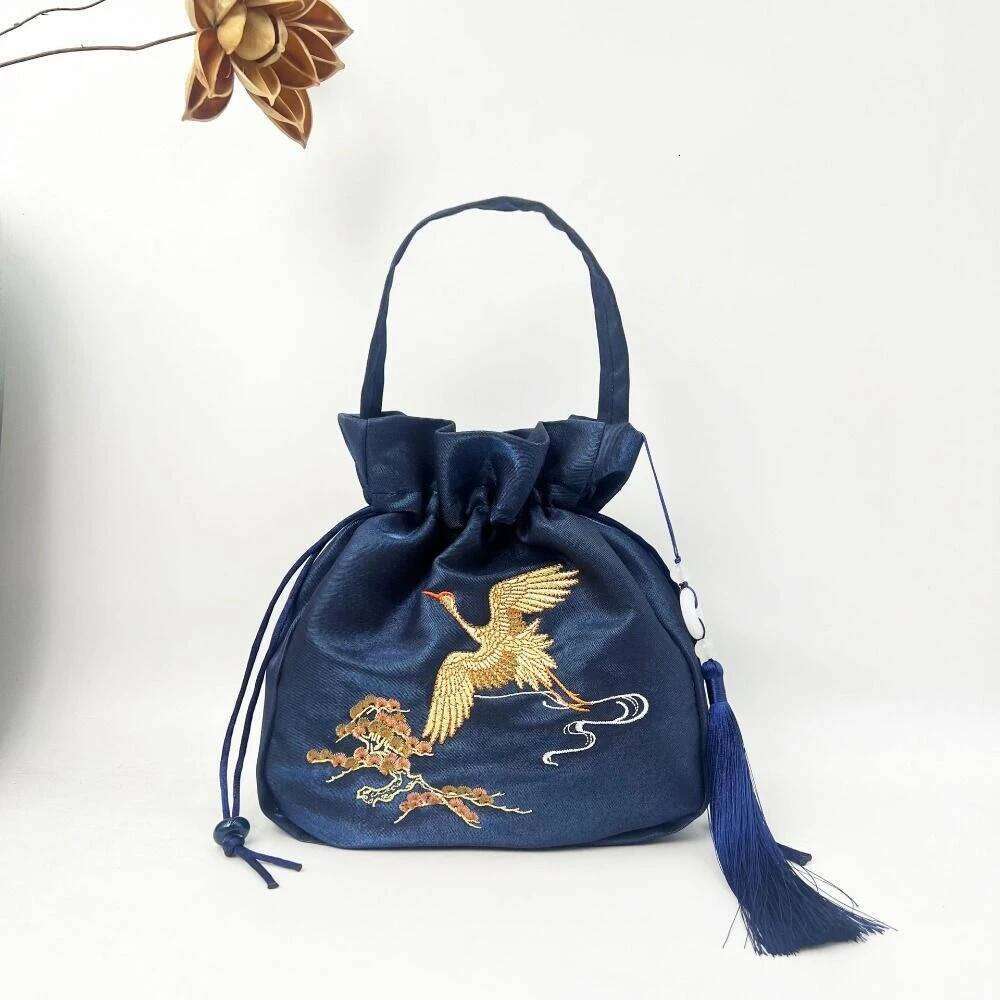 Ethnic Embroidery Drawstring Silk Satin Flower Bucket Bag Chinese Handbag Ancient Style Hanfu Accessories