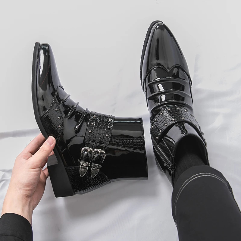 Men Pointed Toe Punk Rock Belt Buckle Leather Casual Chelsea Ankle Boot Winter High Top Monk Strap Hiphop Shoes 260208