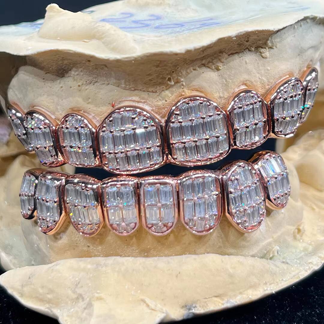 Custom Teeth Grillz Iced Out Baguette VVS Moissanite Diamond in S925 Silver Hip Jewelry