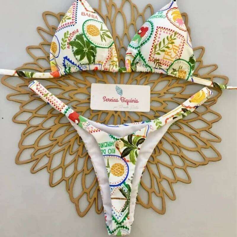 Print Sexy Bikini Sets Halter Lace-up Tops Thongs Beach Style Bathing Suit Y2k Swimsuits Women Beachwear 2025 C260207