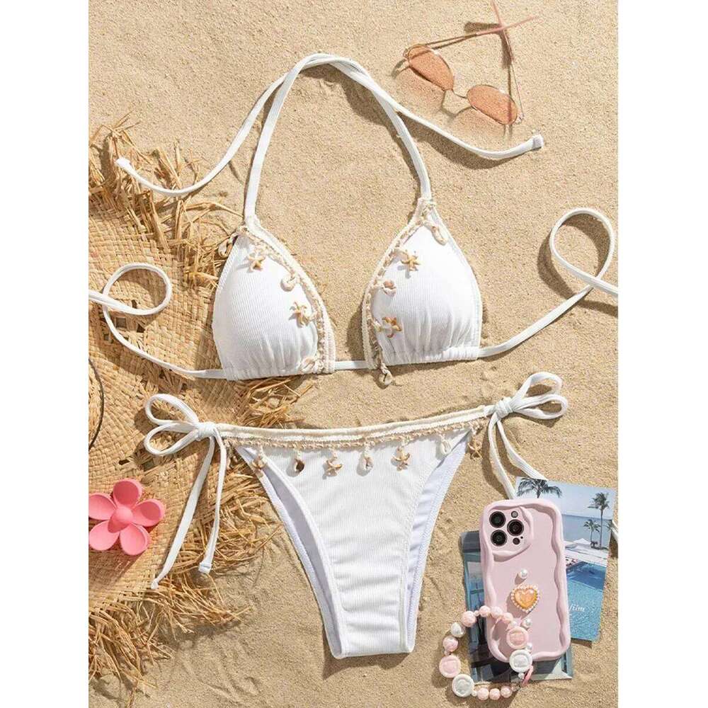Shell Decoration Ribbed Women Swimwear Female Swimsuit Two-pieces Bikini Set Halter Strappy Bather Bathing Suit Swim Lady C260207