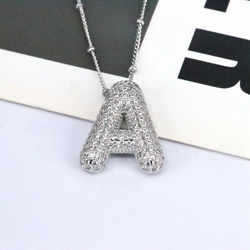 Light Copper Silvery-Plated Zircon Pendant American Simple Collarbone Chain 26 A-Z Balloon Letter Necklace For Women 260124