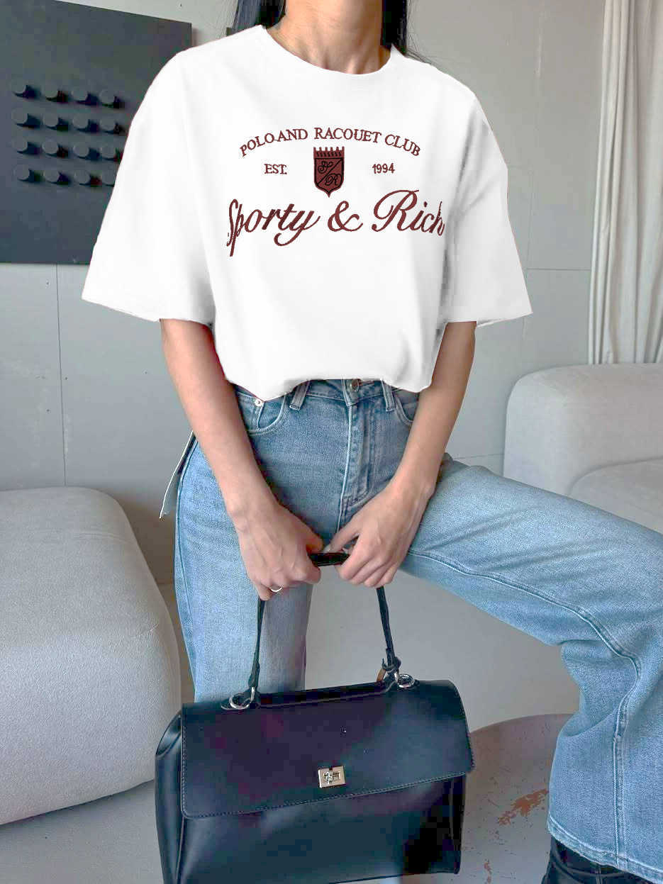 American-Style Basic Versatile Short-Sleeve T-Shirt for Women Summer Euro-American Style Versatile Letter Embroidery Contrast-Color T-Shirt Wholesale
