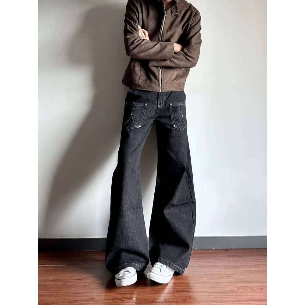 2026 Retro Black Bright Line Washed Scimitar Jeans Street Design Wide Leg Show High Brand Trousers Joggers Men